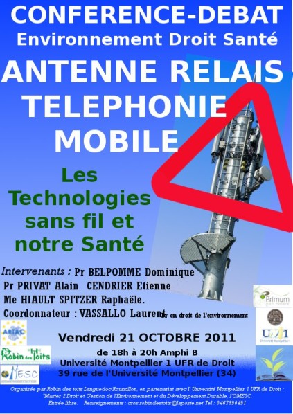 Lire la suite à propos de l’article Montpellier : ANTENNES RELAIS TELEPHONIE MOBILE "Conférence-débat Environnement Droit Santé"